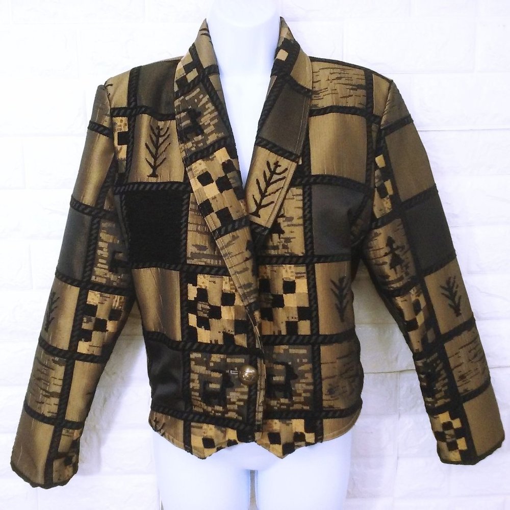 Vintage 80s eXpose Checked Chenille Jacket Crop Blazer Lady-L Shawl Lapel Gold